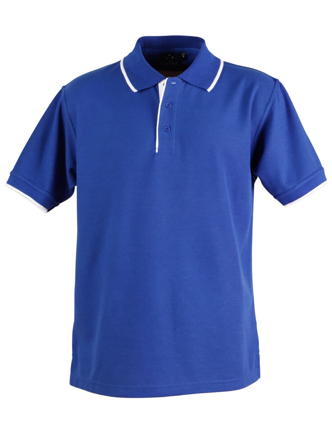 A blue polo shirt with a three-button placket and white trim on the collar and sleeves, featuring a logo.
