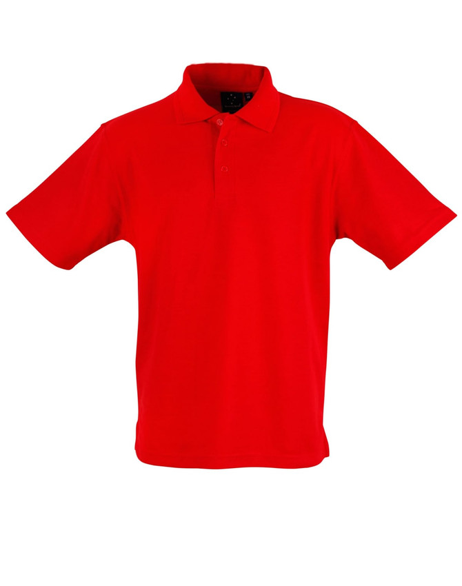 A red unisex traditional polo shirt with a collar and short sleeves, featuring a logo.