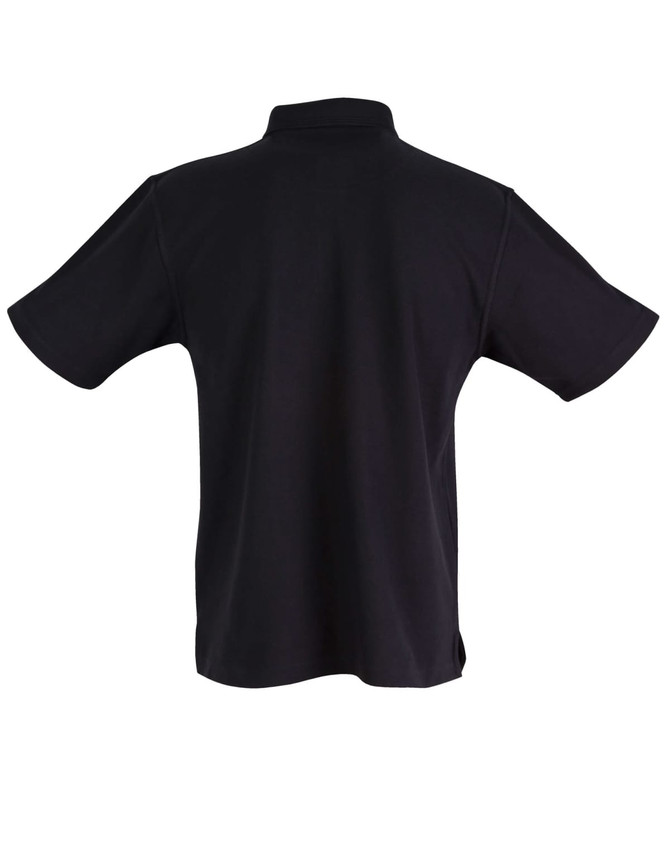 A black unisex traditional polo shirt with a collar and short sleeves, featuring a logo.