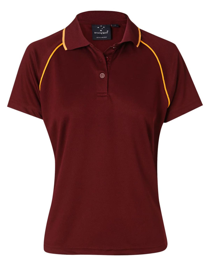 A maroon polo shirt with yellow detailing and a collar, featuring a branding logo.
