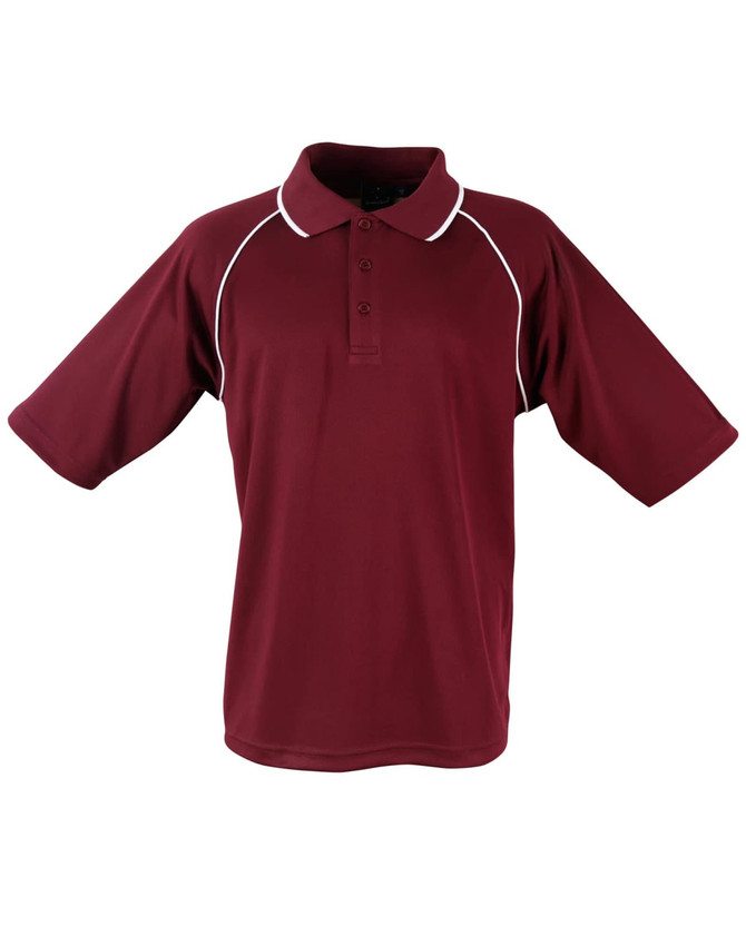 A maroon polo shirt featuring a collar, short sleeves, and white piping, complete with a logo.