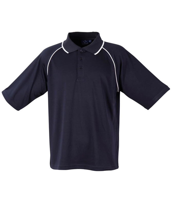 A black polo shirt with short sleeves and a contrasting collar, featuring a logo on the chest.