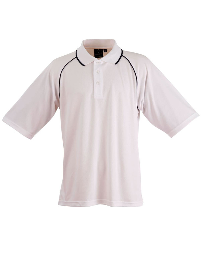 Men's polo shirt in white with black accents, featuring a collar and short sleeves. It has a logo on it.