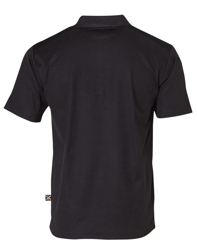 A black short-sleeve polo shirt with a logo on the back, designed for workwear.
