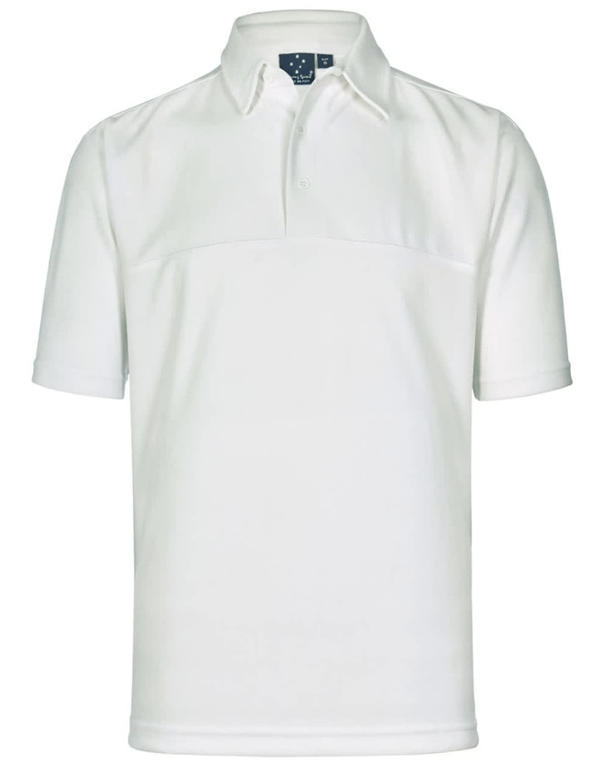 A white polo shirt with a classic collar and short sleeves, featuring a branded logo.
