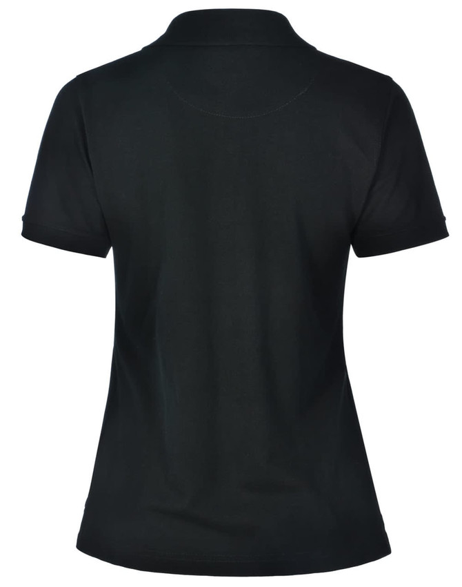 A black ladies' polo shirt featuring a classic collar and short sleeves. The back view showcases a smooth design and fitted silhouette.