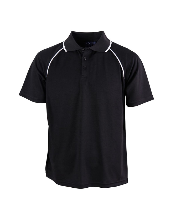 A black polo shirt with white piping and a collar, featuring a logo on the chest.
