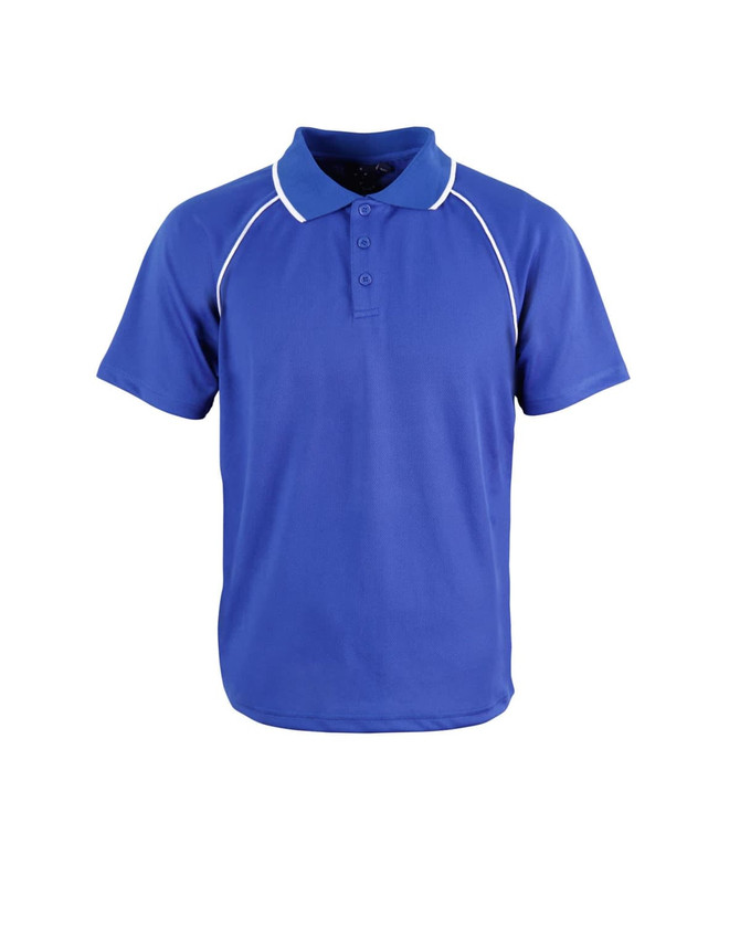 A blue polo shirt featuring white piping and a three-button placket, with a logo on the chest.