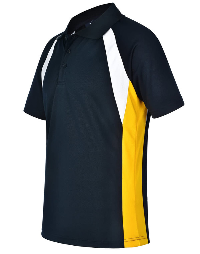 A men's polo shirt featuring a navy body with white and yellow side accents, and a three-button placket.