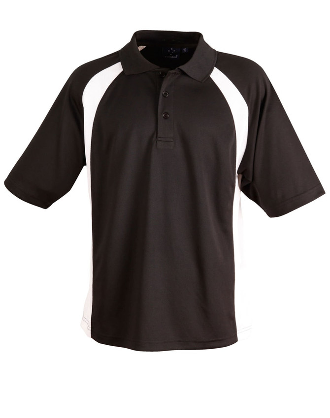A black and white men's polo shirt featuring a collar and short sleeves, with a logo on the chest.
