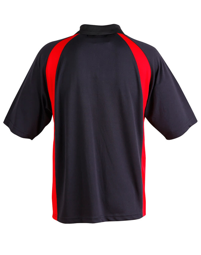 A men's polo shirt featuring a black body with red sleeves and a collar, complete with a logo.