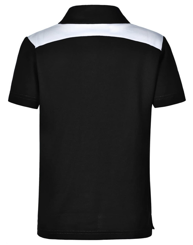 A children's polo shirt in black with a white panel across the shoulders. Features a logo on the front.