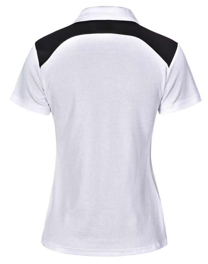 A women's polo shirt in white with black shoulder panels and a logo. Perfect for casual or sporting wear.