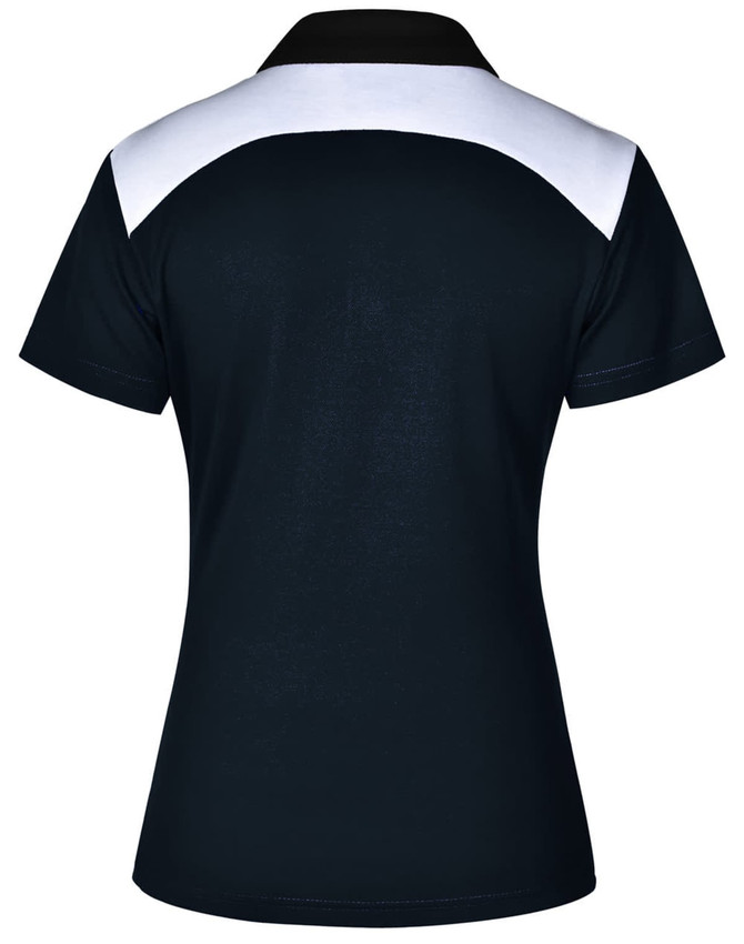 A black and white ladies' polo shirt with a contrasting collar and back design, featuring a logo.