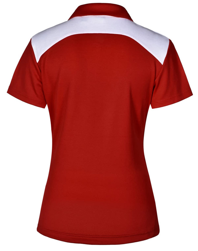 A red polo shirt with a white upper back section and a collar. The shirt has a logo on it.