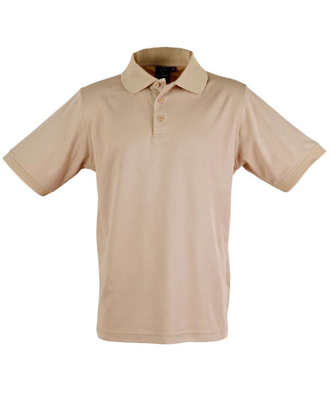 A beige men's polo shirt with a collar, short sleeves, and a button-up front, featuring a logo.