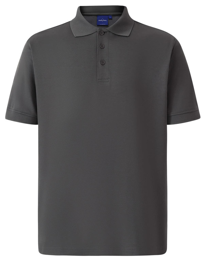 A grey men's polo shirt with short sleeves, featuring a three-button placket and a subtle logo.