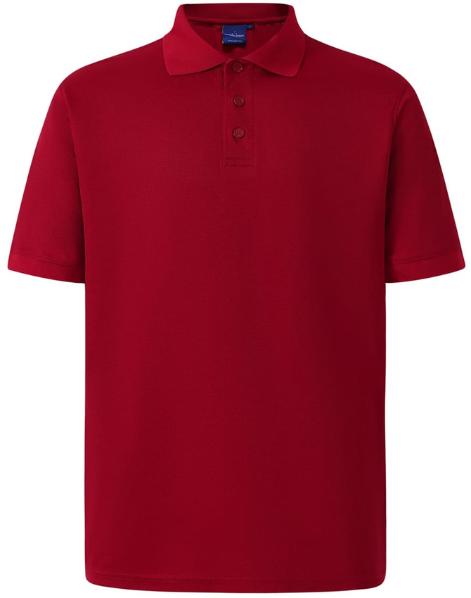 A red men's polo shirt with a collar and three-button placket. It features short sleeves and has a logo.