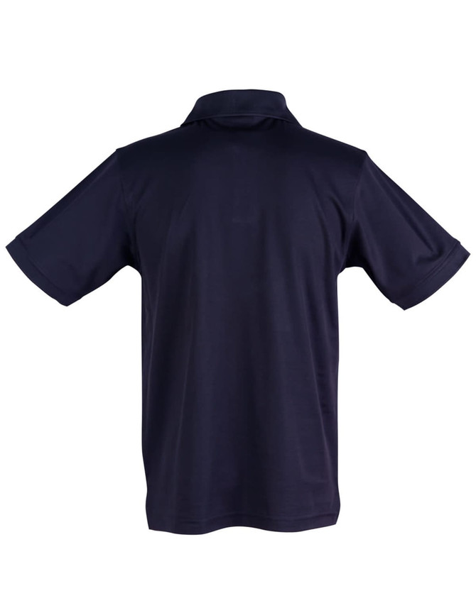 A navy blue men's cotton polo shirt with a short-sleeve design and a collar, featuring a logo on the back.