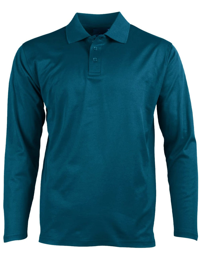 Men's long sleeve polo shirt in a rich teal colour, featuring a collar and a logo on the chest.