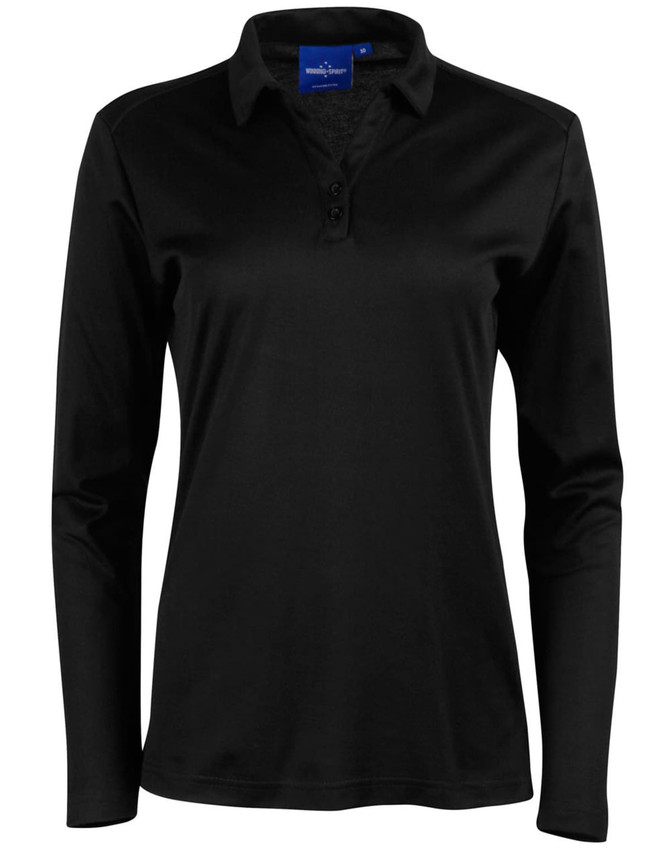 A black long sleeve polo shirt with a collar and three buttons, featuring a logo on the chest.