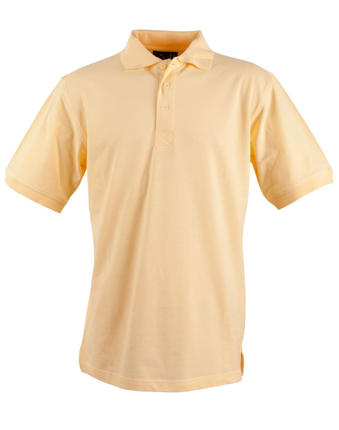 A light yellow men's polo shirt with a collar, short sleeves, and a logo on the chest.
