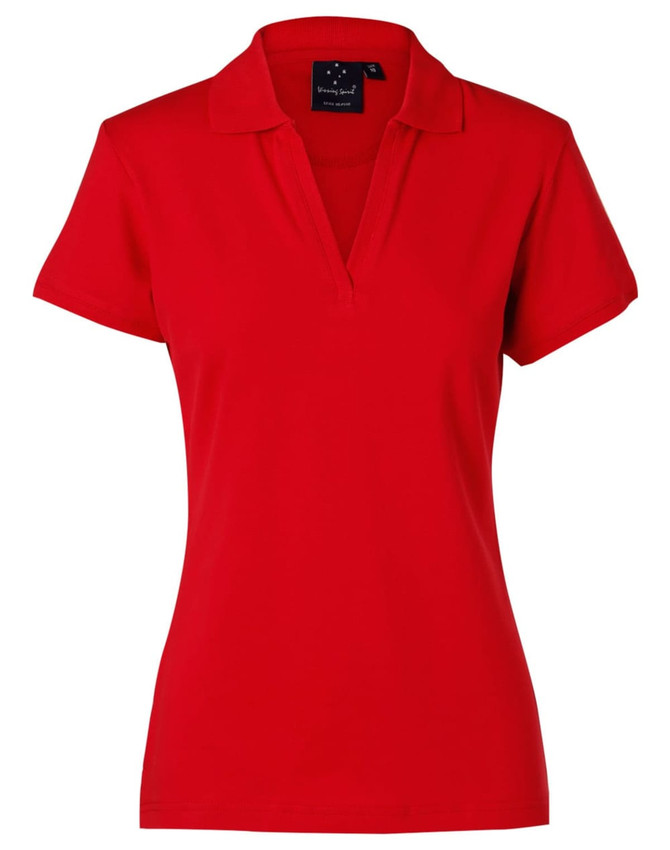 A red ladies' polo shirt with a collared neck and short sleeves, featuring a brand logo.