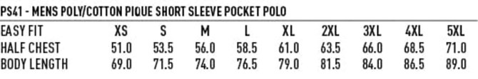 A size chart for a men's poly/cotton pique short sleeve pocket polo, detailing measurements in various sizes.