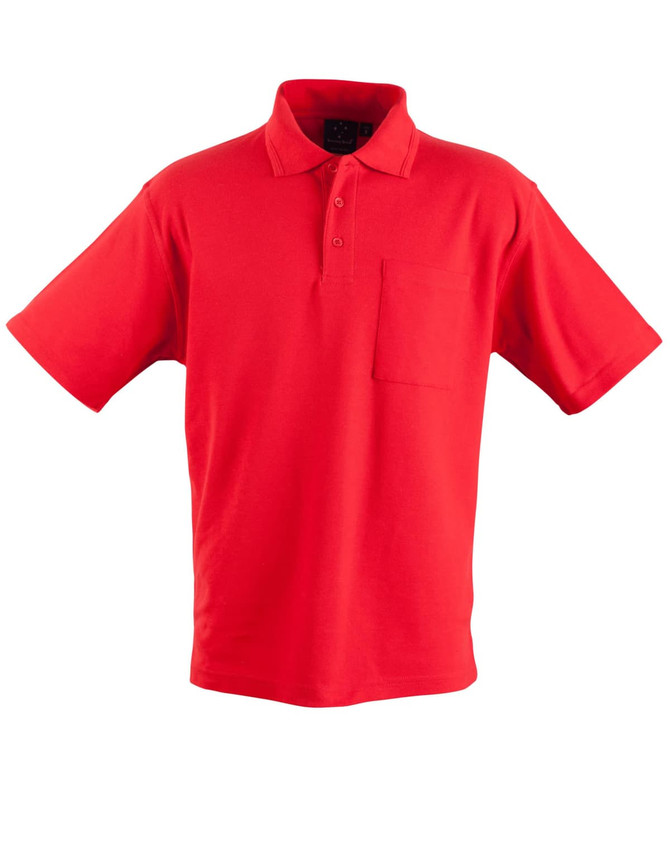 A red pocket short sleeve polo shirt with a classic collar and one chest pocket. It features a logo on the label.