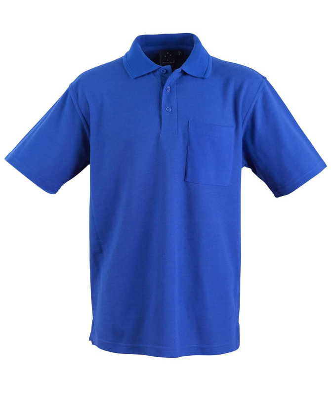 A blue short sleeve polo shirt with a pocket and a logo on the chest area.