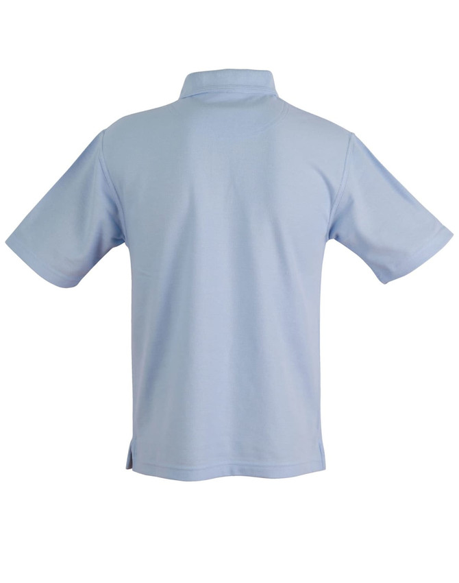 A light blue short sleeve polo shirt featuring a collar and a logo.
