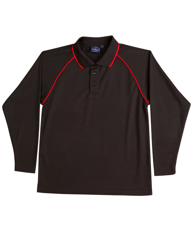 A brown long-sleeve polo shirt with red piping and a collar, featuring a logo on the chest area.