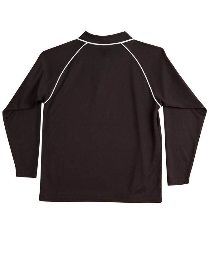 A black long-sleeve polo shirt featuring contrast white piping and a collar, displaying the back view.