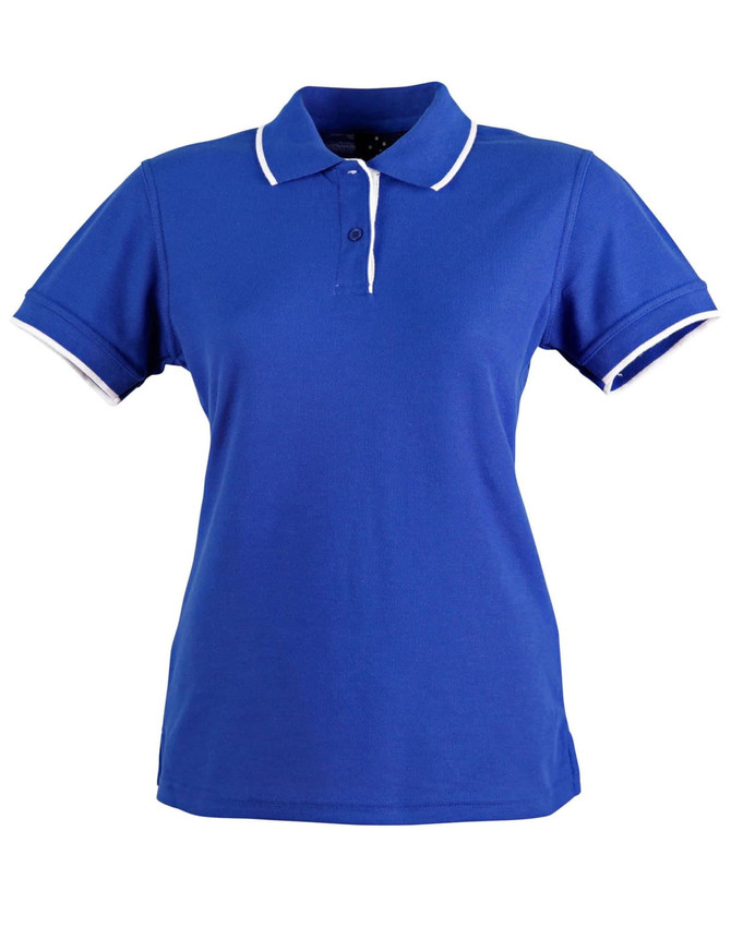 A ladies' polo shirt in blue with white detailing on the collar and sleeves, featuring a logo.