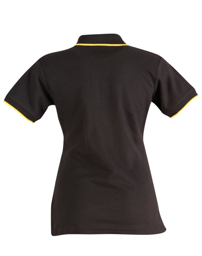 A black polo shirt featuring yellow detailing on the collar and sleeves, with a logo on the back.