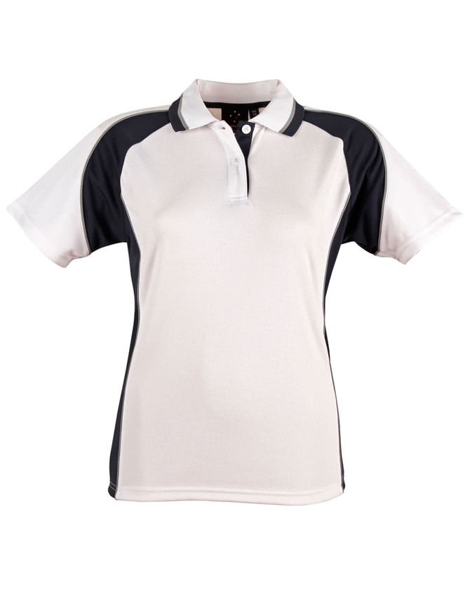 A ladies' polo shirt in white with black accents, featuring a collar and a logo on the front.