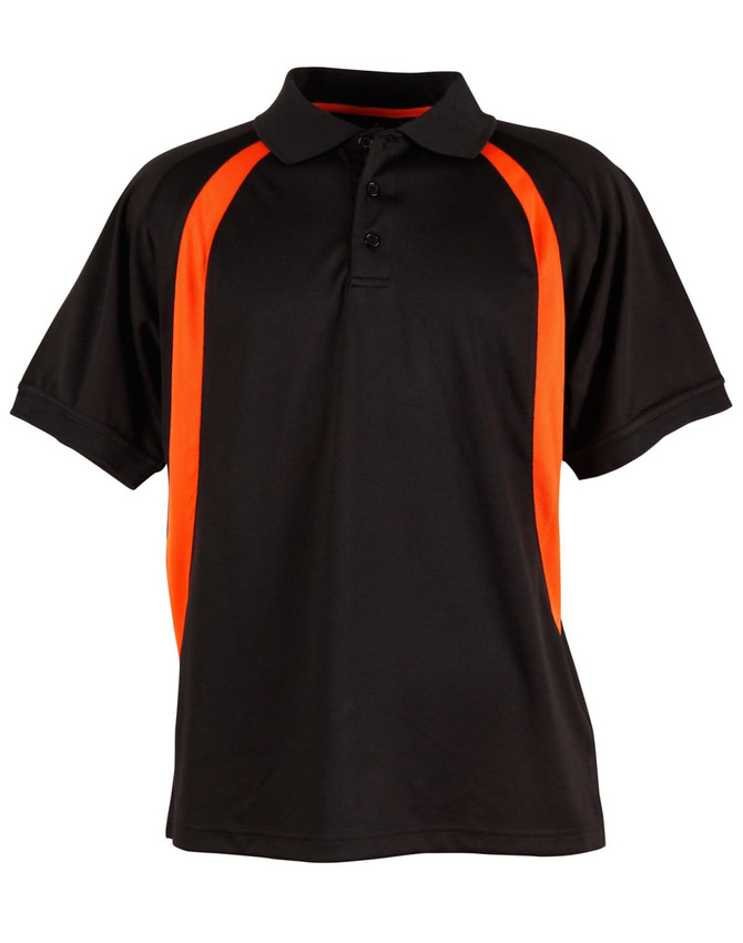 A black polo shirt featuring orange side panels and a collar, with a logo on the front.