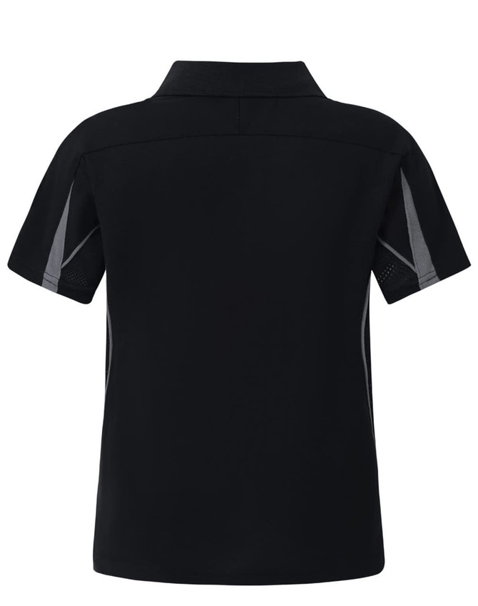A black polo shirt featuring grey detailing and a logo on the back.