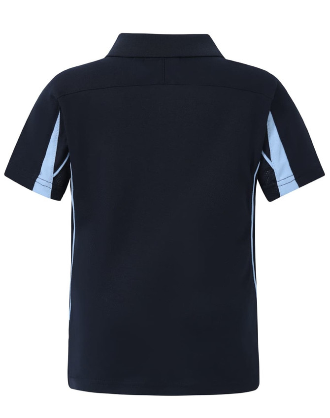 A short-sleeved navy polo shirt featuring light blue accents and a logo on the back.