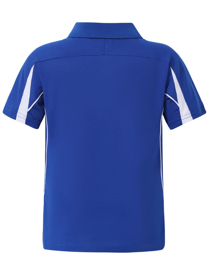 A blue kids' polo shirt featuring white accents, with a classic collar and short sleeves. It has a logo on the garment.