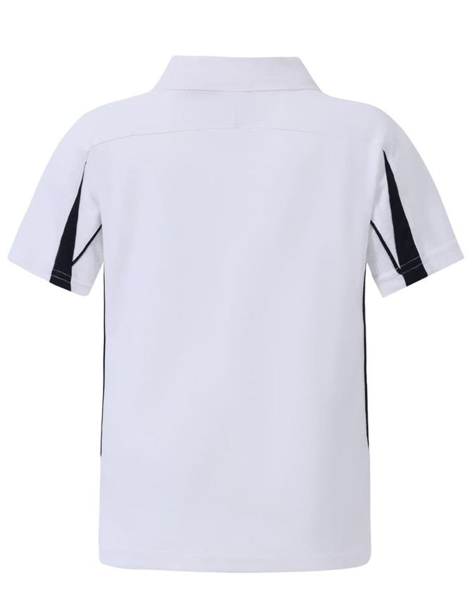 A short-sleeved white polo shirt featuring black side detailing and a collar, with a logo on the back.