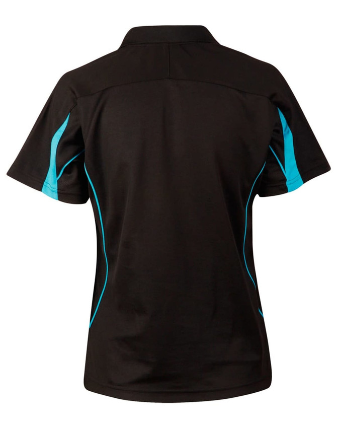 A black polo shirt with turquoise accents, featuring short sleeves and a logo on the back.