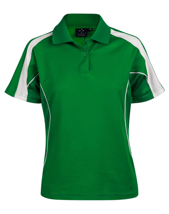 A green and white short sleeve polo shirt featuring a collar and contrasting side panels, with a logo on the chest.