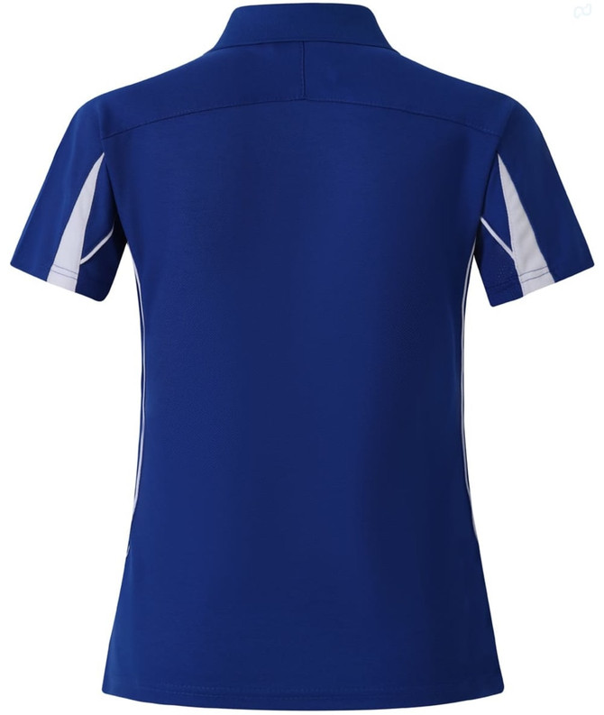 A blue polo shirt featuring white accents and a logo on the back. Short sleeves and a classic collar design.