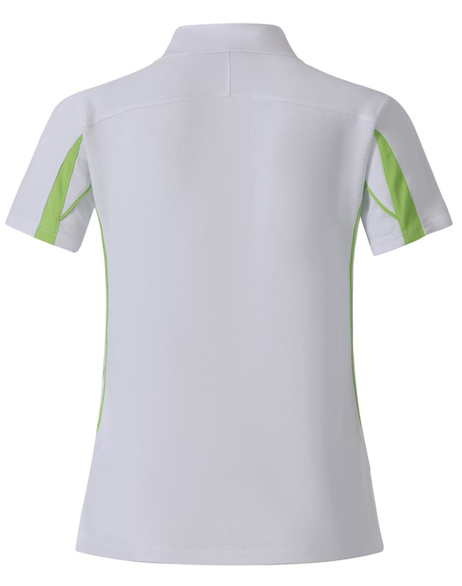 A white polo shirt with green accents, featuring a collar and short sleeves, has a logo on it.