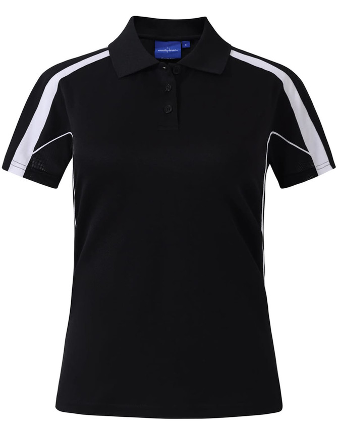 A black short sleeve polo shirt featuring white accents and a logo on the collar.