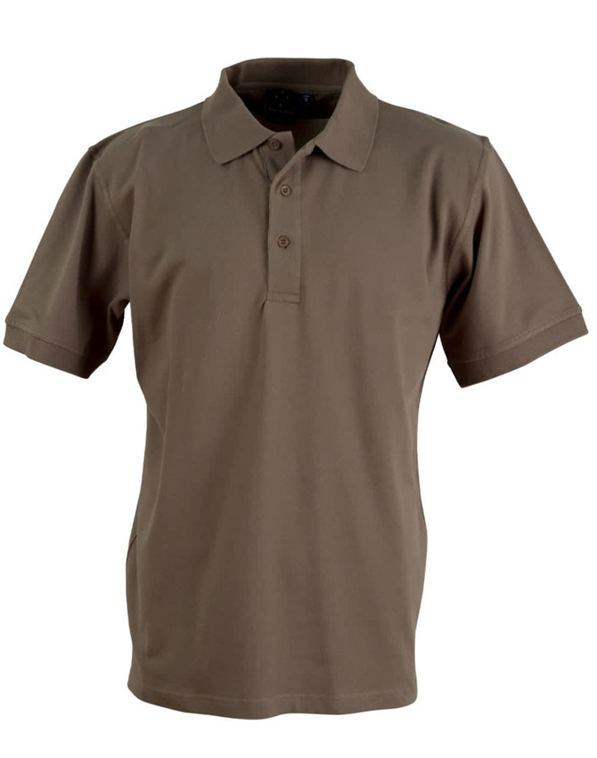 A brown polo shirt with a classic collar and three buttons, featuring a logo on the chest.