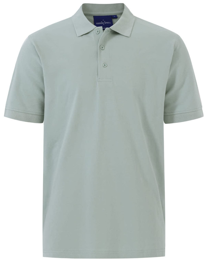 A light green men's cotton stretch polo shirt with a collar and three buttons, featuring a logo on the chest.