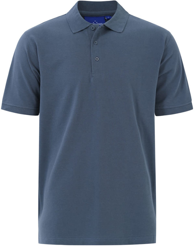 A navy blue men's cotton stretch polo shirt with a collar and three buttons, featuring a logo.