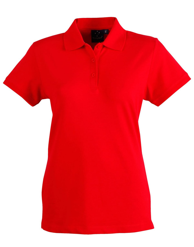A red women's polo shirt featuring a collar, short sleeves, and a branded logo.
